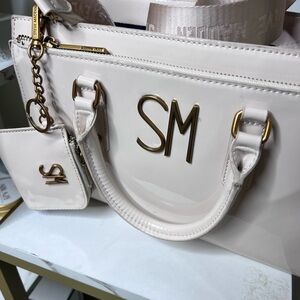 Steve Madden White Patent Tote with Gold SM Hardware